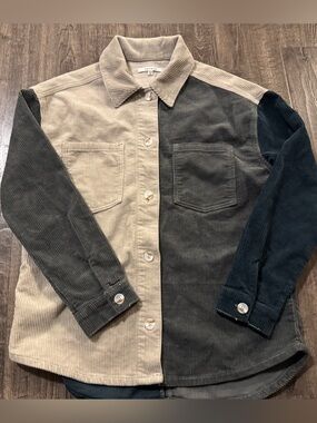 PacSun Two-Tone Corduroy Button-Down Shirt Jacket - Beige, Green & Charcoal